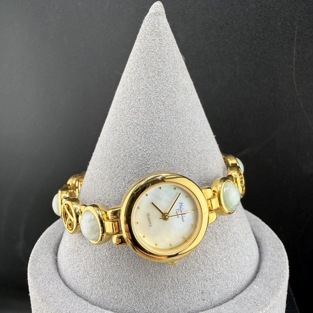 Main Line Time Watch Gemstone Asian Character Gold Tone‎ 7.5" NEEDS BATTERY